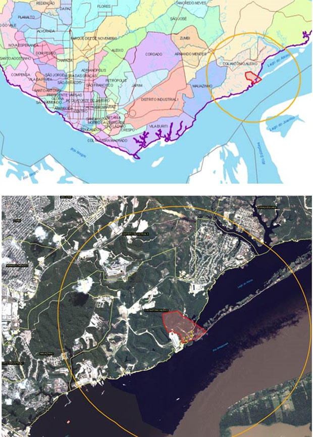 Mapa (acima) e imagem de satélite (abaixo) reproduzidos do estudo de impacto ambiental da obra mostram a localização do futuro terminal portuário (polígono destacado em vermelho). Na imagem de satélite é possível ver as águas com duas cores separadas passando diante do local.  (Foto: Reprodução)