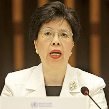 A médica e economista Margaret Chan em discurso durante conferência da Organização Mundial da Saúde